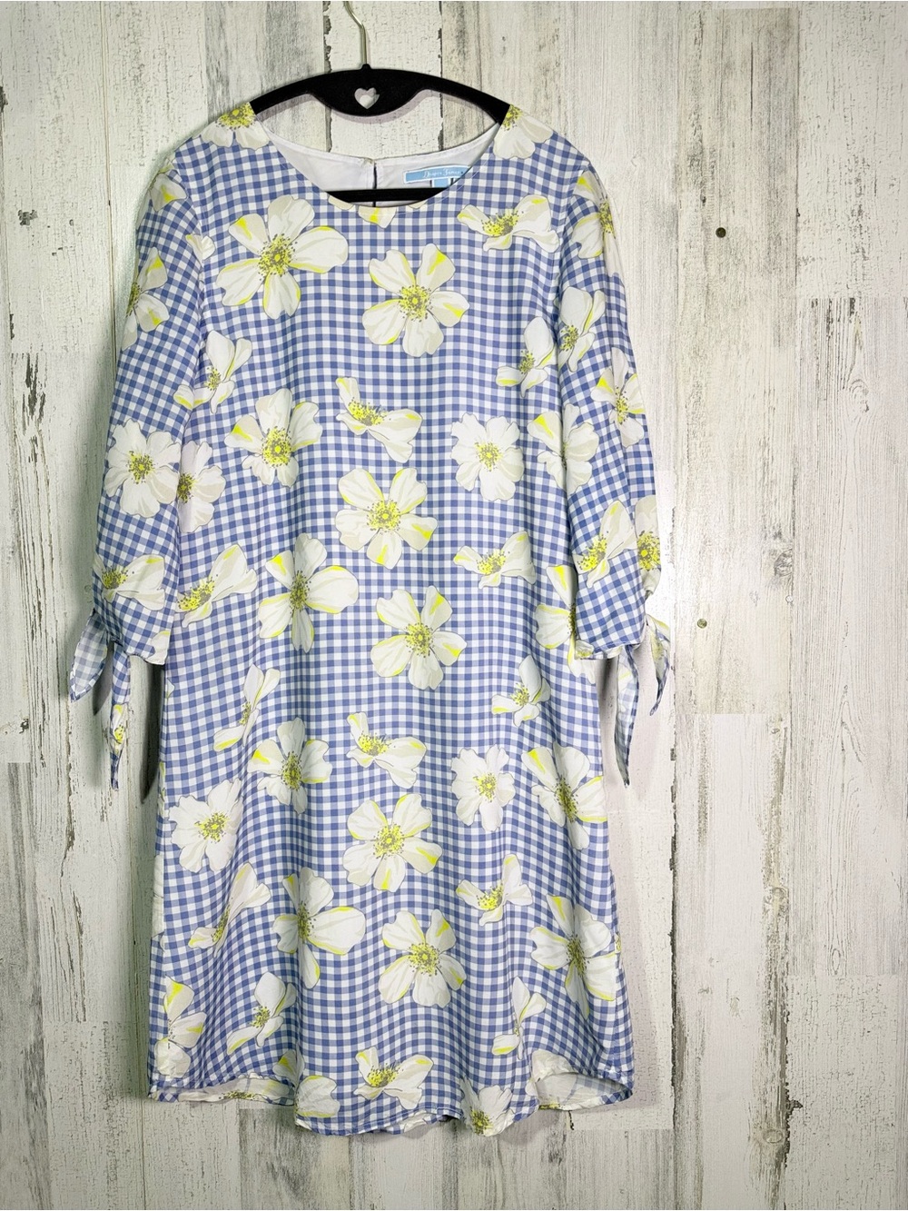 Draper James Blue Gingham Floral Shift Dress Tie Sleeve Size 4 - Picture 2 of 6